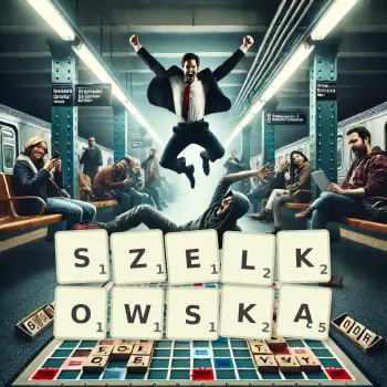 Kreatywna ilustracja do gry w Scrabble ze słowem SZELKOWSKĄ ułożonym z płytek na planszy.