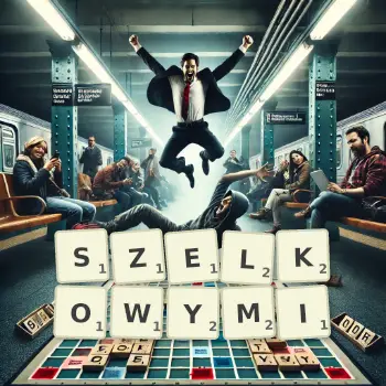 Kreatywna ilustracja do gry w Scrabble ze słowem SZELKOWYMI ułożonym z płytek na planszy.