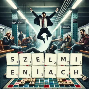 Kreatywna ilustracja do gry w Scrabble ze słowem SZELMIENIACH ułożonym z płytek na planszy.
