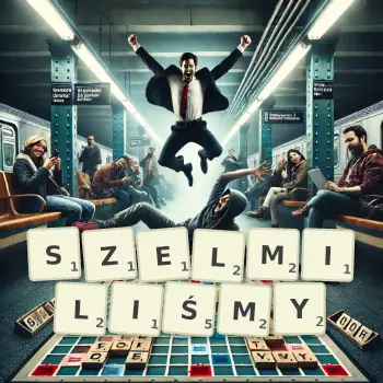 Kreatywna ilustracja do gry w Scrabble ze słowem SZELMILIŚMY ułożonym z płytek na planszy.