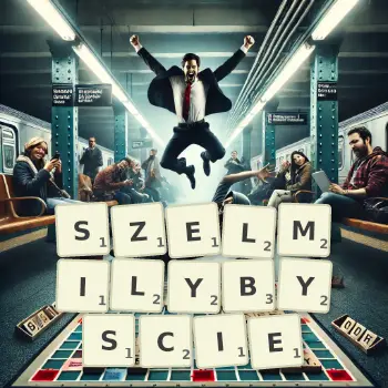 Kreatywna ilustracja do gry w Scrabble ze słowem SZELMILYBYSCIE ułożonym z płytek na planszy.
