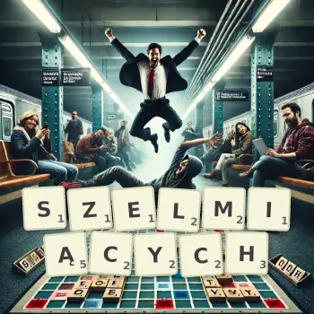 Kreatywna ilustracja do gry w Scrabble ze słowem SZELMIĄCYCH ułożonym z płytek na planszy.
