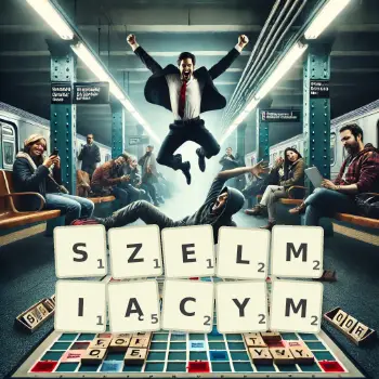 Kreatywna ilustracja do gry w Scrabble ze słowem SZELMIĄCYM ułożonym z płytek na planszy.