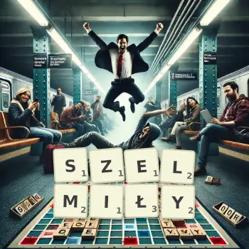 Kreatywna ilustracja do gry w Scrabble ze słowem SZELMIŁY ułożonym z płytek na planszy.