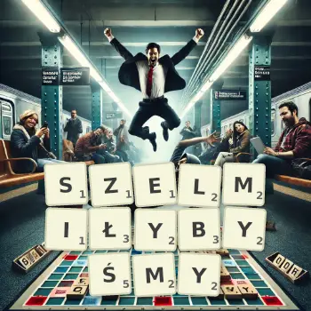Kreatywna ilustracja do gry w Scrabble ze słowem SZELMIŁYBYŚMY ułożonym z płytek na planszy.