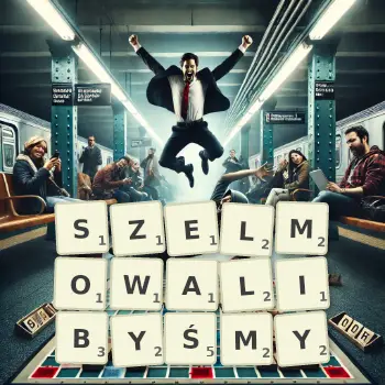 Kreatywna ilustracja do gry w Scrabble ze słowem SZELMOWALIBYŚMY ułożonym z płytek na planszy.