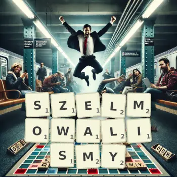 Kreatywna ilustracja do gry w Scrabble ze słowem SZELMOWALISMY ułożonym z płytek na planszy.