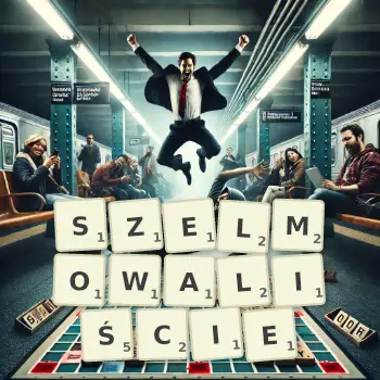 Kreatywna ilustracja do gry w Scrabble ze słowem SZELMOWALIŚCIE ułożonym z płytek na planszy.