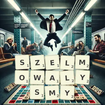 Kreatywna ilustracja do gry w Scrabble ze słowem SZELMOWALYSMY ułożonym z płytek na planszy.