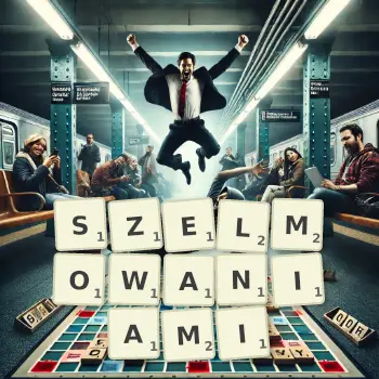 Kreatywna ilustracja do gry w Scrabble ze słowem SZELMOWANIAMI ułożonym z płytek na planszy.