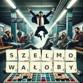 Kreatywna ilustracja do gry w Scrabble ze słowem SZELMOWAŁOBY ułożonym z płytek na planszy.