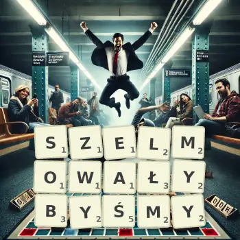 Kreatywna ilustracja do gry w Scrabble ze słowem SZELMOWAŁYBYŚMY ułożonym z płytek na planszy.