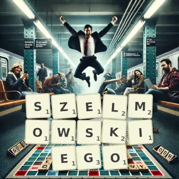 Kreatywna ilustracja do gry w Scrabble ze słowem SZELMOWSKIEGO ułożonym z płytek na planszy.