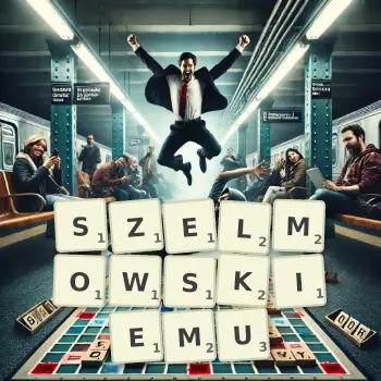 Kreatywna ilustracja do gry w Scrabble ze słowem SZELMOWSKIEMU ułożonym z płytek na planszy.