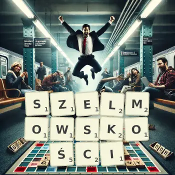Kreatywna ilustracja do gry w Scrabble ze słowem SZELMOWSKOŚCI ułożonym z płytek na planszy.