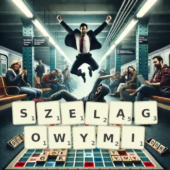 Kreatywna ilustracja do gry w Scrabble ze słowem SZELĄGOWYMI ułożonym z płytek na planszy.