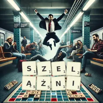 Kreatywna ilustracja do gry w Scrabble ze słowem SZELĄŻNI ułożonym z płytek na planszy.