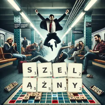 Kreatywna ilustracja do gry w Scrabble ze słowem SZELĄŻNY ułożonym z płytek na planszy.