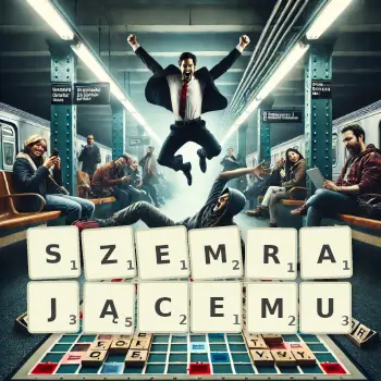 Kreatywna ilustracja do gry w Scrabble ze słowem SZEMRAJĄCEMU ułożonym z płytek na planszy.