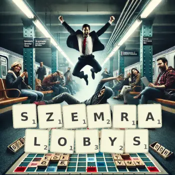 Kreatywna ilustracja do gry w Scrabble ze słowem SZEMRALOBYS ułożonym z płytek na planszy.