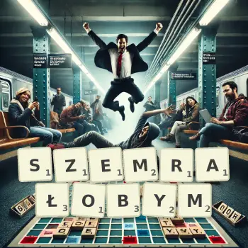 Kreatywna ilustracja do gry w Scrabble ze słowem SZEMRAŁOBYM ułożonym z płytek na planszy.