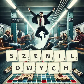 Kreatywna ilustracja do gry w Scrabble ze słowem SZENILOWYCH ułożonym z płytek na planszy.