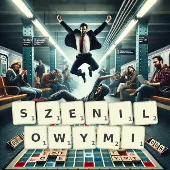 Kreatywna ilustracja do gry w Scrabble ze słowem SZENILOWYMI ułożonym z płytek na planszy.