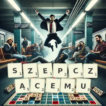 Kreatywna ilustracja do gry w Scrabble ze słowem SZEPCZĄCEMU ułożonym z płytek na planszy.