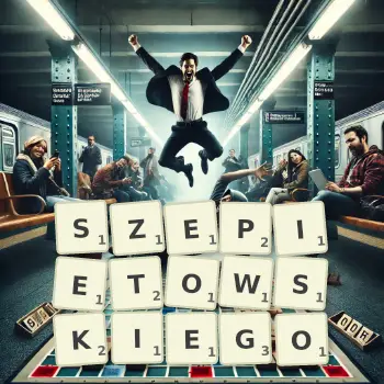 Kreatywna ilustracja do gry w Scrabble ze słowem SZEPIETOWSKIEGO ułożonym z płytek na planszy.