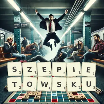 Kreatywna ilustracja do gry w Scrabble ze słowem SZEPIETOWSKU ułożonym z płytek na planszy.