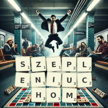 Kreatywna ilustracja do gry w Scrabble ze słowem SZEPLENIUCHOM ułożonym z płytek na planszy.