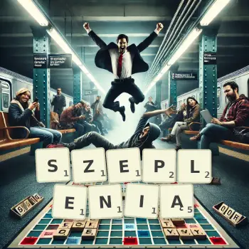 Kreatywna ilustracja do gry w Scrabble ze słowem SZEPLENIĄ ułożonym z płytek na planszy.