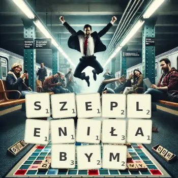 Kreatywna ilustracja do gry w Scrabble ze słowem SZEPLENIŁABYM ułożonym z płytek na planszy.