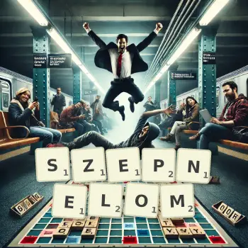 Kreatywna ilustracja do gry w Scrabble ze słowem SZEPNELOM ułożonym z płytek na planszy.