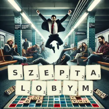 Kreatywna ilustracja do gry w Scrabble ze słowem SZEPTALOBYM ułożonym z płytek na planszy.