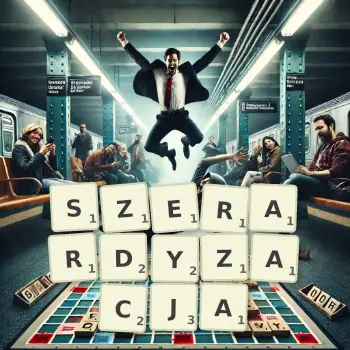 Kreatywna ilustracja do gry w Scrabble ze słowem SZERARDYZACJA ułożonym z płytek na planszy.