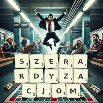 Kreatywna ilustracja do gry w Scrabble ze słowem SZERARDYZACJOM ułożonym z płytek na planszy.