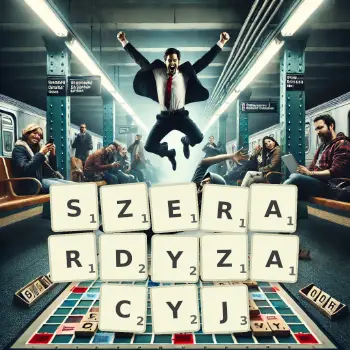 Kreatywna ilustracja do gry w Scrabble ze słowem SZERARDYZACYJ ułożonym z płytek na planszy.