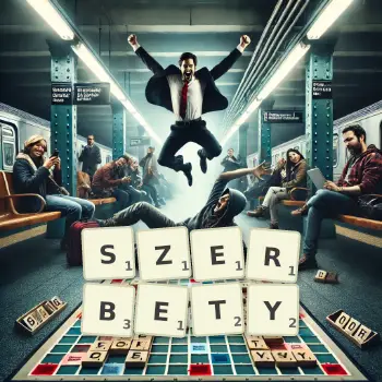 Kreatywna ilustracja do gry w Scrabble ze słowem SZERBETY ułożonym z płytek na planszy.