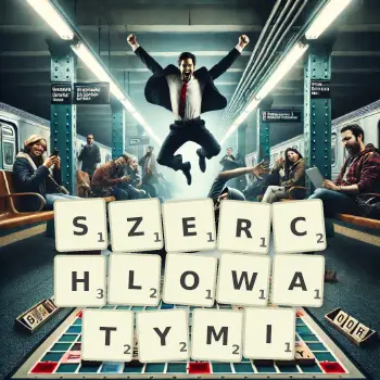 Kreatywna ilustracja do gry w Scrabble ze słowem SZERCHLOWATYMI ułożonym z płytek na planszy.
