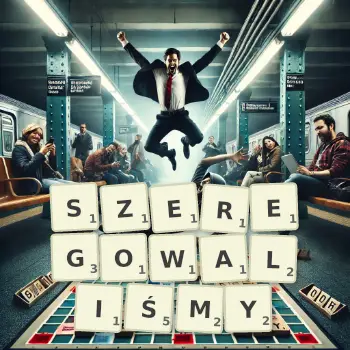 Kreatywna ilustracja do gry w Scrabble ze słowem SZEREGOWALIŚMY ułożonym z płytek na planszy.