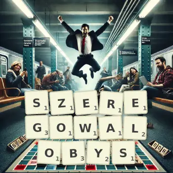 Kreatywna ilustracja do gry w Scrabble ze słowem SZEREGOWALOBYS ułożonym z płytek na planszy.