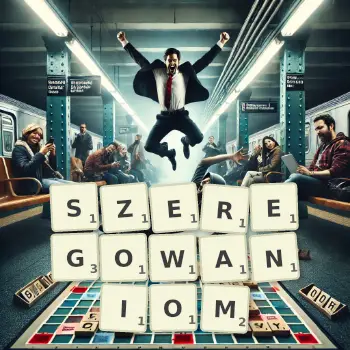Kreatywna ilustracja do gry w Scrabble ze słowem SZEREGOWANIOM ułożonym z płytek na planszy.