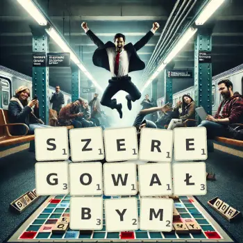 Kreatywna ilustracja do gry w Scrabble ze słowem SZEREGOWAŁBYM ułożonym z płytek na planszy.
