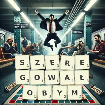 Kreatywna ilustracja do gry w Scrabble ze słowem SZEREGOWAŁOBYM ułożonym z płytek na planszy.