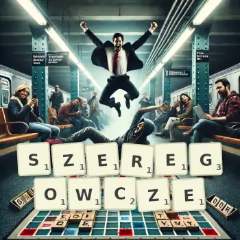 Kreatywna ilustracja do gry w Scrabble ze słowem SZEREGOWCZE ułożonym z płytek na planszy.