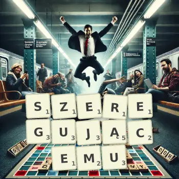 Kreatywna ilustracja do gry w Scrabble ze słowem SZEREGUJĄCEMU ułożonym z płytek na planszy.