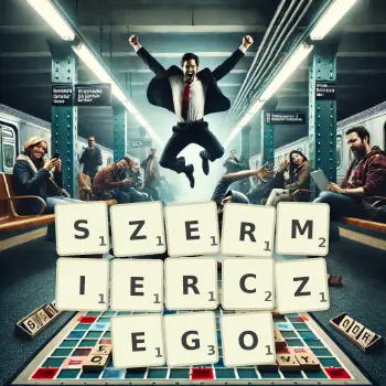 Kreatywna ilustracja do gry w Scrabble ze słowem SZERMIERCZEGO ułożonym z płytek na planszy.
