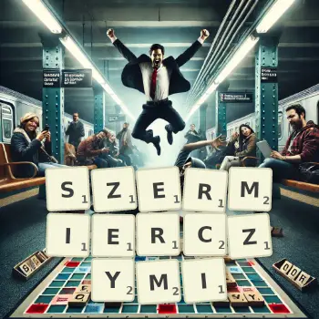 Kreatywna ilustracja do gry w Scrabble ze słowem SZERMIERCZYMI ułożonym z płytek na planszy.