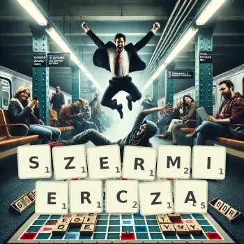 Kreatywna ilustracja do gry w Scrabble ze słowem SZERMIERCZĄ ułożonym z płytek na planszy.